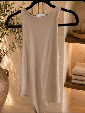 GAZE Beige Sleeveless Bodysuit Size S | Soft Stretch Minimalist Tank Bodysuit
